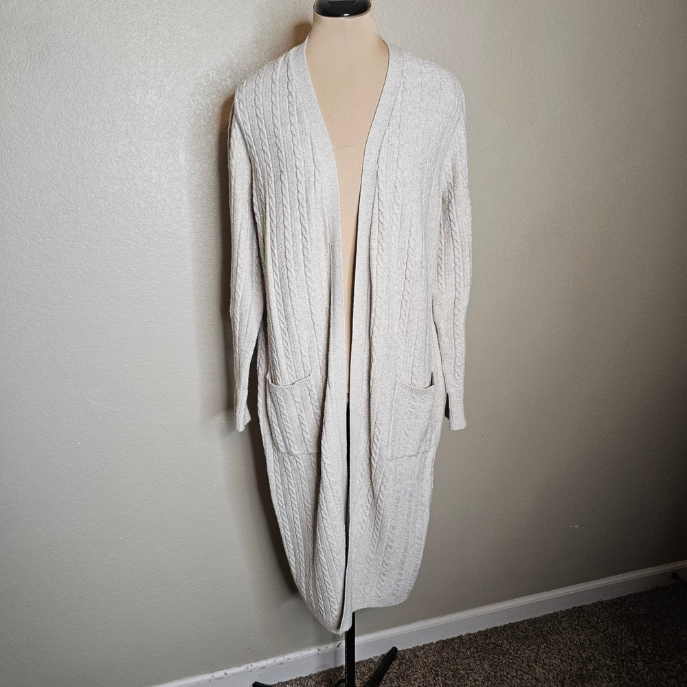 J. Jill Large Oatmeal Heather Cable Knit Open Front Duster Cardigan Sweater